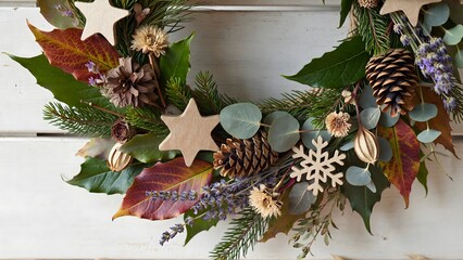 A rustic festive wreath decorated with natural elements and wooden ornaments
