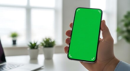 A person's hand holds a smartphone with a green screen display for mockup purposes