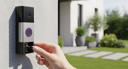 A person replaces the battery in a smart video doorbell on a modern home's exterior wall