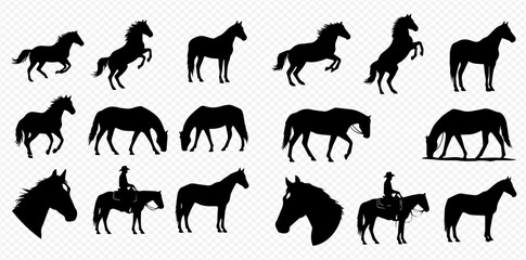 Collection of various horse silhouettes in different poses and actions, including a rider.
