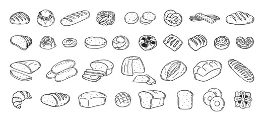 Bread different types hand drawn doodle outline icon set. Bread engraving, line art. Wheat products, baked goods, bakery