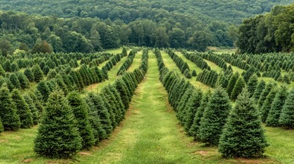 Obraz premium Christmas tree farm with rows of pine trees