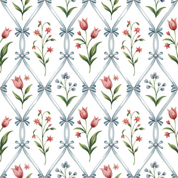 A beautiful seamless vintage floral pattern featuring pink tulips and a delicate blue trellis design.