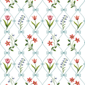 A beautiful seamless vintage floral pattern featuring pink tulips and a delicate blue trellis design.