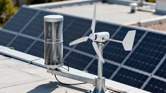 View of a hybrid wind turbine system combining vertical and horizontal axes on a rooftop demonstrating innovative power generation solutions.