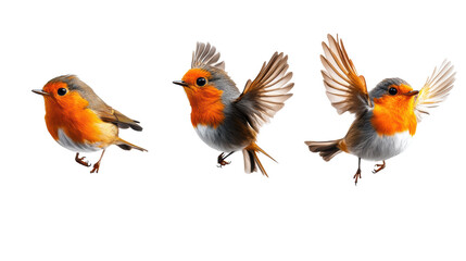 Fototapeta premium Three European Robins in Different Poses on Transparent Background