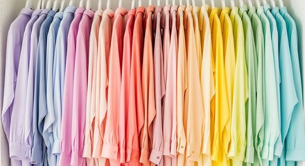 A beautiful array of rainbow-colored button-up shirts neatly organized on hangers in a wardrobe
