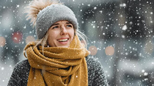 Woman feeling unwell outdoors, blowing nose into a tissue while experiencing flu symptoms and facing cold winter weather with falling snow and sickness seasonal diseases colds
