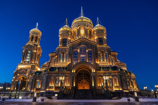 View of the Main Cathedral of the Russian Armed Forces illuminated against the twilight sky, a beacon of architectural grandeur, Kubinka, Moscow Oblast, Russia.