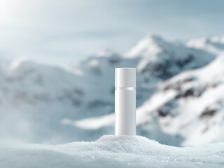 A white beauty product with mountain background 