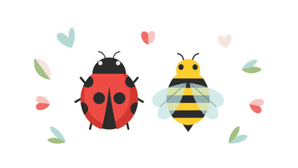 A colorful illustration of a ladybug and a bee surrounded by hearts and leaves on a with a cute and playful design