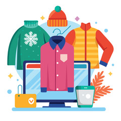 A shopping store winter fashion trends and personal style flat vector illustration