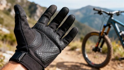 A close-up of a hand wearing a black, tactical cycling or mountain biking glove with a blurred bike in the background.