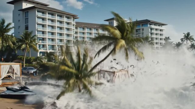 People desperately flee massive towering tsunami wave crashing onto a crowded tropical beach resort area