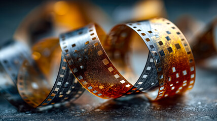 Close-up of a vintage film strip with an orange hue creating a nostalgic and cinematic atmosphere, emphasizing the art of filmmaking.