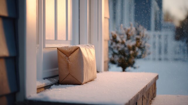Delivery parcel on snowy doorstep with warm light from house during winter afternoon