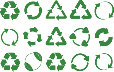 A comprehensive vector of diverse recycling symbols, featuring green arrows forming various circular and triangular shapes, perfect for sustainability, environmental protection, 