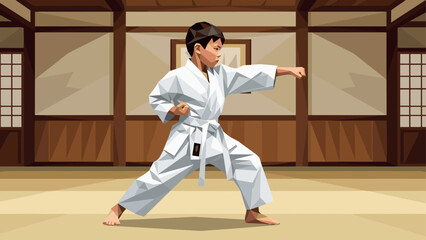 Karate kid practicing in traditional dojo setting