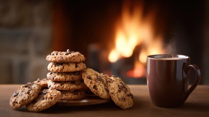 Enjoying warm cookies and cocoa by the fireplace during the winter holiday season with cozy feelings
