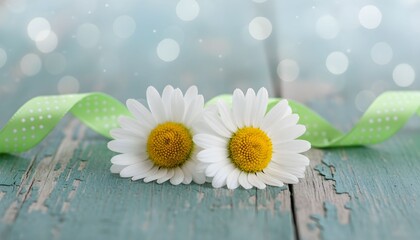 Obraz premium Pure Innocence: Two delicate daisies rest upon a weathered, teal surface, intertwined with a vibrant green ribbon, evoking a sense of purity and natural beauty.