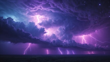 A breathtaking electric storm glowing in deep purple tones, where lightning splits the sky beneath swirling cosmic clouds.