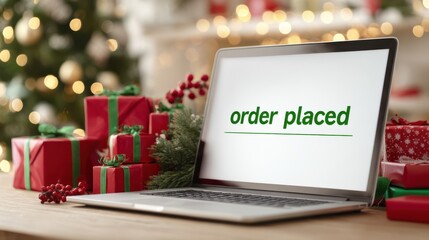 Close-up view of a laptop screen displaying order confirmation with Christmas gifts in cozy indoor setting