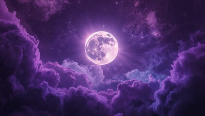 A radiant full moon glowing in a dreamy violet sky, surrounded by soft clouds and distant stars.