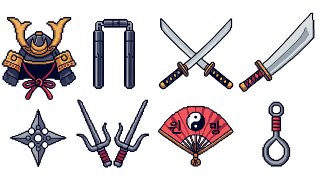 Pixel art martial arts elements with samurai armor and traditional weapons collection