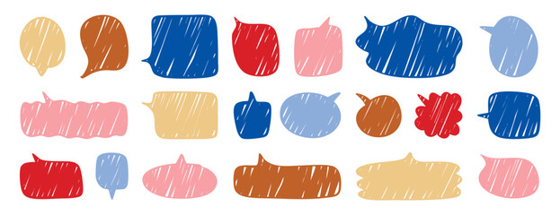 Vector speech bubbles drawn with charcoal or crayon Color doodle talk balloons with cute texture hand drawn kids pencil dialog clouds