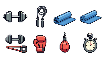 Colorful cartoon gym equipment set: dumbbells, jump rope, yoga mat, boxing gear, stopwatch