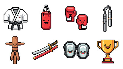 Pixel art martial arts icons: boxing, karate, nunchucks, trophy