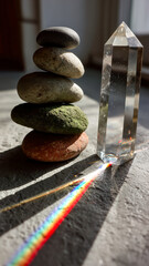 Fototapeta premium Balance and light meet in this image of stacked stones and a crystal, with light creating a rainbow effect on the surface.