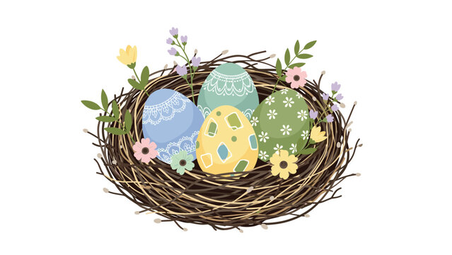 Colorful easter eggs in a nest with flowers