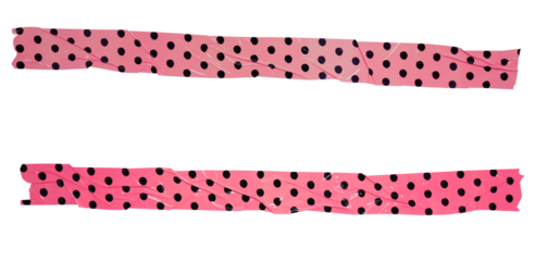 Two long crumpled torn pieces of wrinkled pink and black polka dot packing tape, adhesive sealing tape, sticky torn plastic on transparent background, x sign
