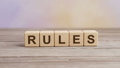 Wooden Blocks Displaying RULES: Wooden blocks meticulously arranged to spell out RULES, placed against a blurred, textured backdrop creating a simple yet impactful image.
