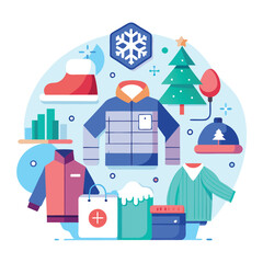 A shopping store winter fashion trends and personal style flat vector illustration