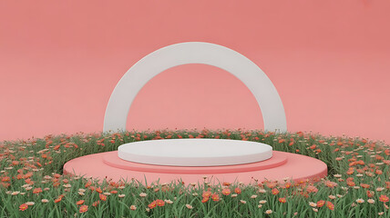 3d render platform and Natural podium background on colorful flowes field for product display, Blank showcase, mock up template or cosmetic presentation with empty round stage