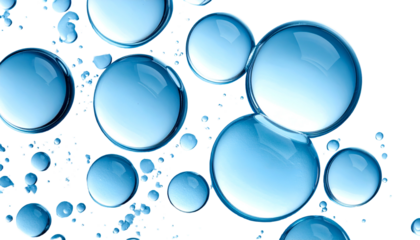 Transparent blue spheres of varying sizes float against a black background