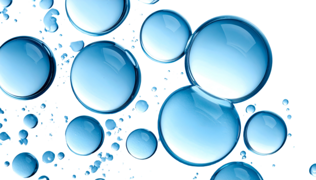 Transparent blue spheres of varying sizes float against a black background - Powered by Adobe