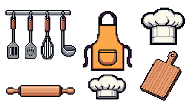 Pixel art kitchen tools and accessories set with apron and chef hat
