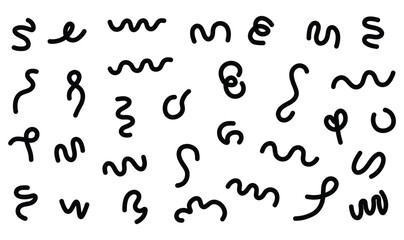 Set of 30 abstract black squiggly lines, wavy shapes, and handwritten symbols