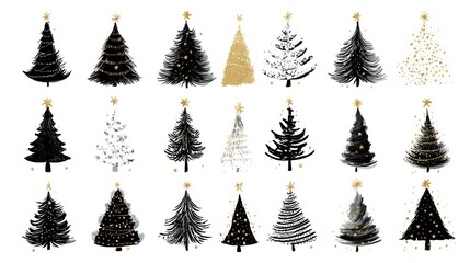 Obraz premium Christmas tree hand drawn illustrations, vector, black silhouettes with gold stars on white background