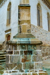 close up view of ancient stone wall and column as background