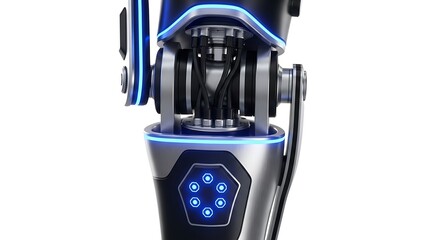 A futuristic robotic joint with bright blue lights and silver metallic components on a white background