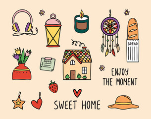 Obraz premium Sweet Home cozy fireplace set with hearth, firewood and candles, cozy hand drawn doodle style