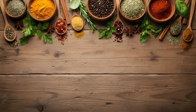 Assortment of colorful spices and herbs in wooden bowls and spoons arranged on a rustic wooden table perfect for culinary themes and food photography backgrounds