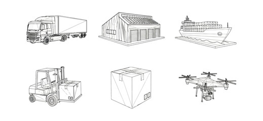 Transportation and logistics vector illustration set with various modes