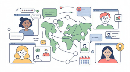 Global communication network illustration people connecting worldwide via video calls and messages concept for remote work and social media