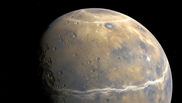 Mars' Surface: A close-up view of the rust-colored and icy terrain of Mars, revealing a world of craters and canyons, an awe-inspiring panorama of a far-off planet.