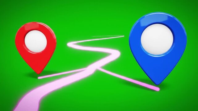 Green Screen Footage: Two Location Pins Connected by Glowing Path Animation
